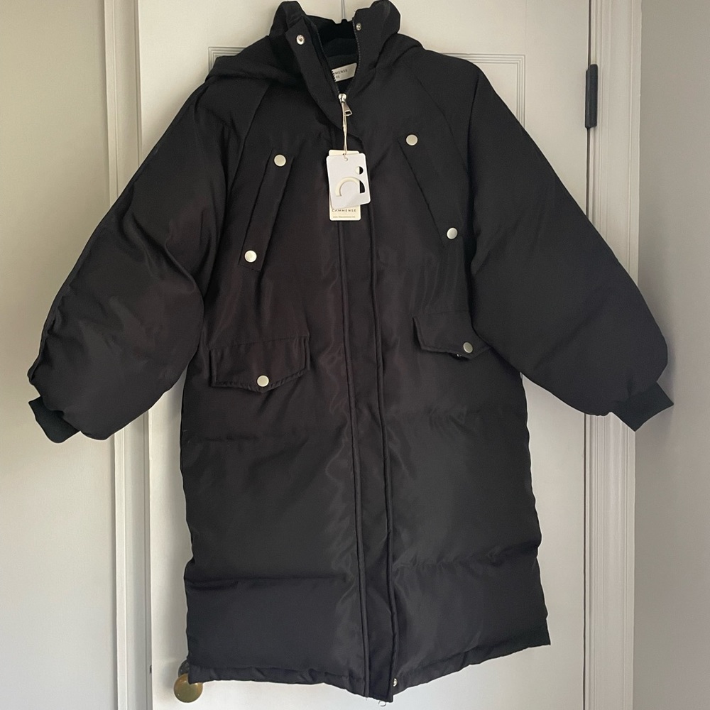 Commence long hooded puffer parka coat black